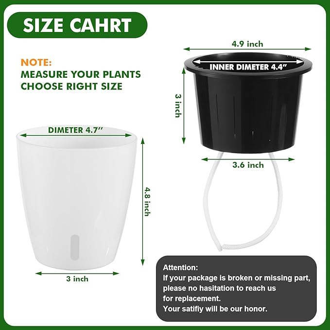 Planterhoma 5/6.7 Inch Self Watering Pots for Indoor Plants, 8 Packs African Violet Pots with Indicator, Black Wick Pot with Drainage Holes, Self Watering Planters for Orchid, Devil's Ivy, White