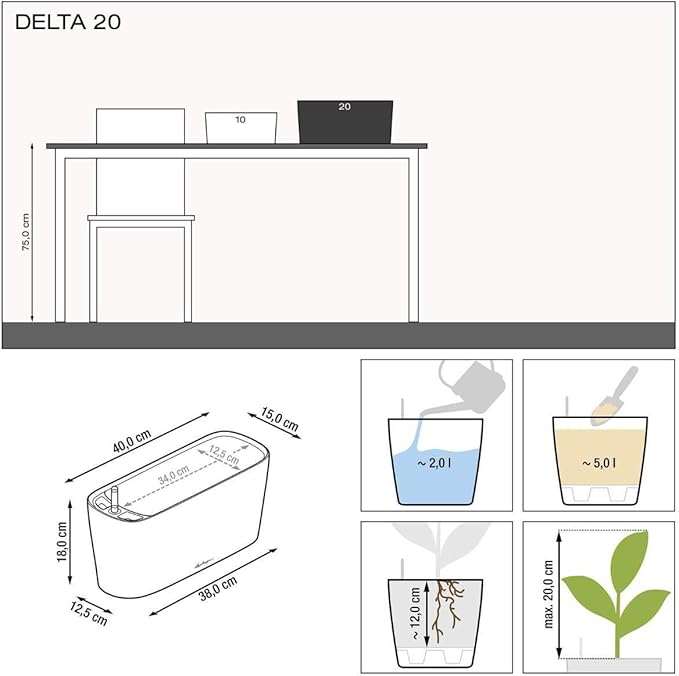 Lechuza Delta 20 Charcoal Metallic, Self-Watering Planter Indoor, H7.1 L15.7 W5.9 in