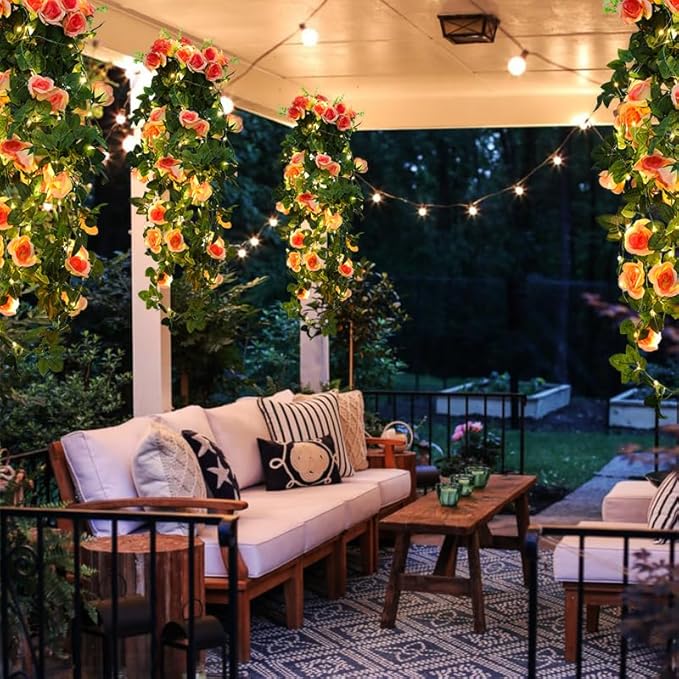 RECUTMS 2pcs Artificial Hanging Plants 32 in Fake Plant Ivy Vine Outdoor, Hanging Champagne Rose Flower Wall Sconce, UV Resistant Plastic for Valentines Day Wall Hanging Decorations(Champagne)