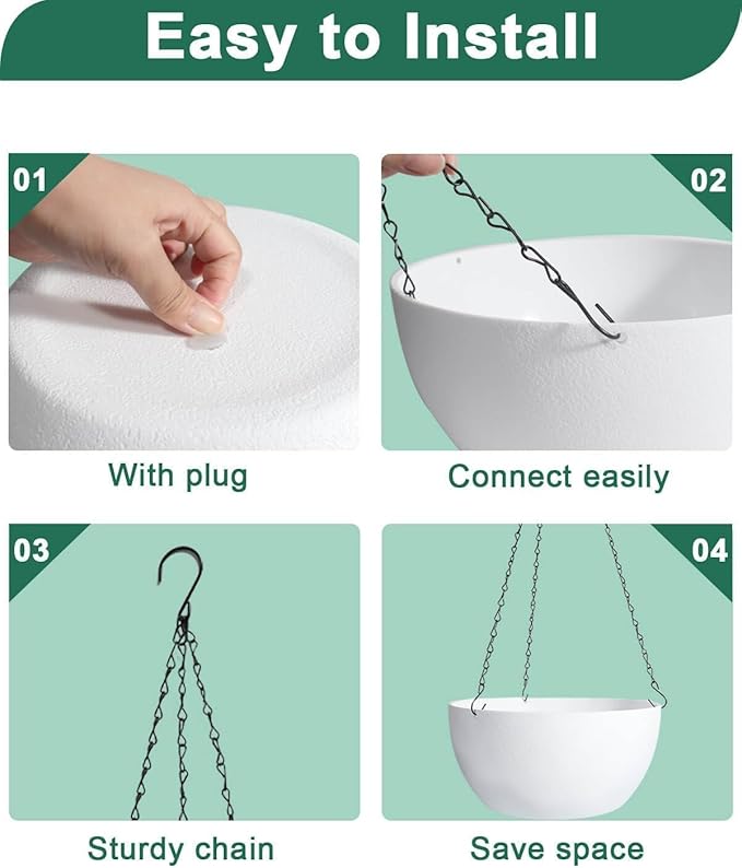 vensovo 12 Inch Large Hanging Planters for Outdoor Plants - 2 Pcs Plastic Hang Planter Flower Pot Baskets with Drainage Holes and Chain, Plant Pots for Home Garden Decor, White