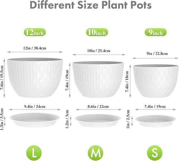Meowell 12/10/9 inch Large Plant Pots, 3 Pack Wide Flower Pots for Outdoor Indoor Plants with Water Ripples, Big Plastic Planters with Drainage Holes and Saucers for Garden House Plants, White