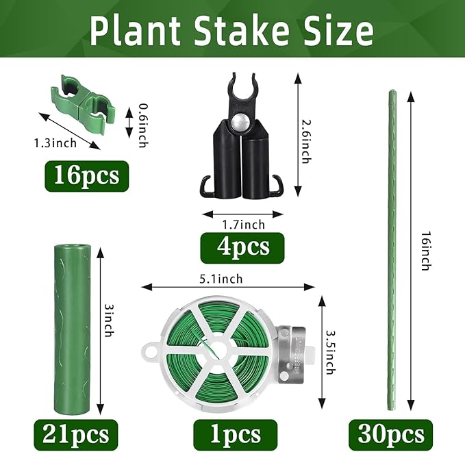BOTINDO 72 Pcs Garden Stakes 30 Sets 16 Inch Steel Tomato Plant Stakes and Accessories, DIY 4ft 5ft 6ft 7ft Plant Stakes Sticks Supports for Outdoor, Gardening, Vegetables, Pepper, Fences (16 inch)