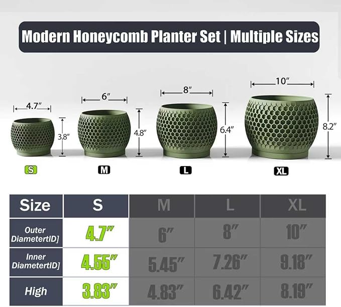 Plant Pots, Modern 3D Printed Honeycomb Planters for Indoor Plants, 4.7 Inch Military Green Decorative Flower Pot for Office Desktop, Bookshelf & Home Decor, Lightweight & Durable.