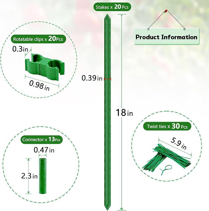 Sturdy Garden Stakes 18 Inch SupKing DIY 3/4/5/6/7ft Tomato Support Stake Green Plastic Coated Metal Tall Plant Stick Poles Plants Trellis for Indoor Outdoor Climbing Cucumber Chili Eggplant-20 Packs