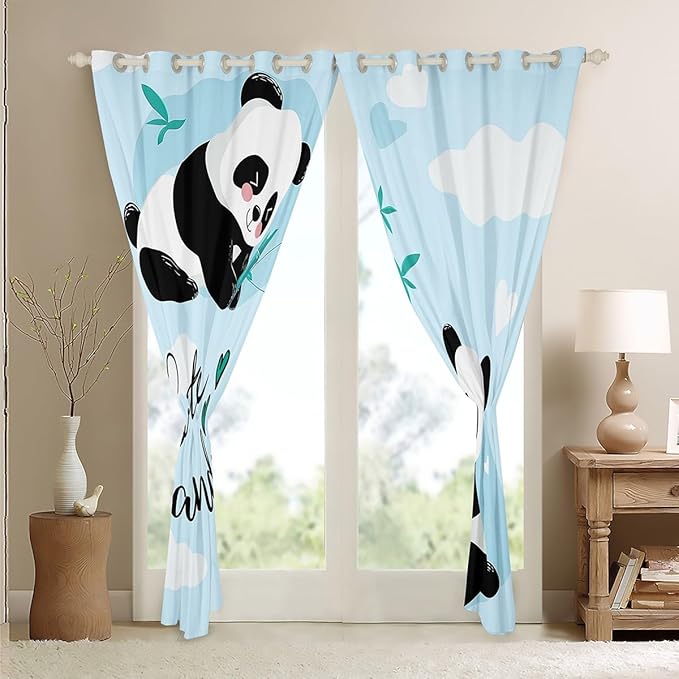 Feelyou Cute Panda Window Curtains Bedroom Living Room Cartoon Panda Curtains Kids Room Decor Boys Girls Animal Theme Window Drapes Kawaii Animal Window Treatments Blue 52W X 63L，2 Panels