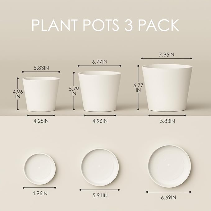 Bamworld 3 Pack Plastic Plant Pots with Drainage Holes and Saucers 6/7/8 Inch 5mm Thick Modern Decorative Flower Pots for Indoor Outdoor Plants White
