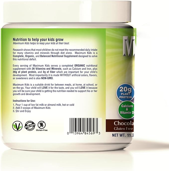 Maximum Kids Complete Organic Powder Mix. Great Tasting, Easy to use, Complete Nutritional Drink with 26 Vitamins and Minerals, 20g of Plant Protein, 3g of Fiber. Kid Tested. Parents Approved.