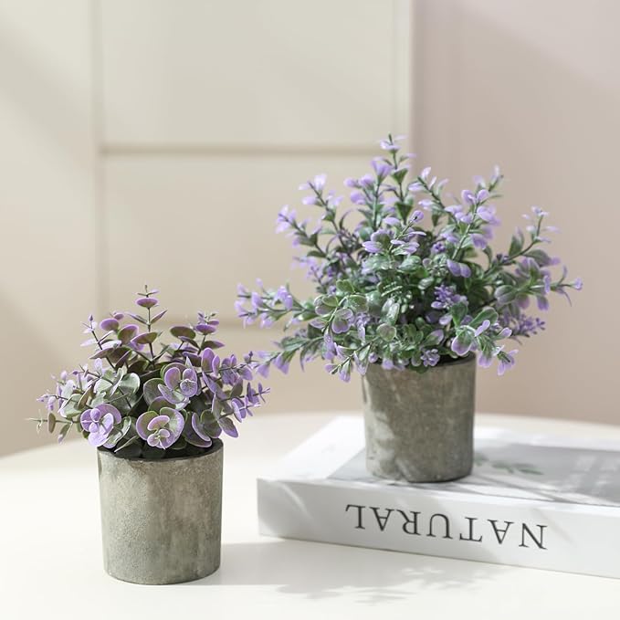 3 Pack Mini Purple Potted Fake Plants Artificial Plastic Indoor Eucalyptus Plants for Home, Office, Desk, Bathroom, Coffee Table & Shelf