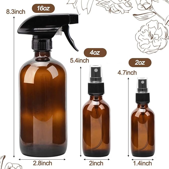 Worldgsb Glass Spray Bottles, 16oz*2+4oz*2+2oz*4 Refillable Containers, Empty Boston Round Bottles with Adjustable Nozzle for Cleaning, Gardening, Aromatherapy, Pets, Plant, Hair -Amber