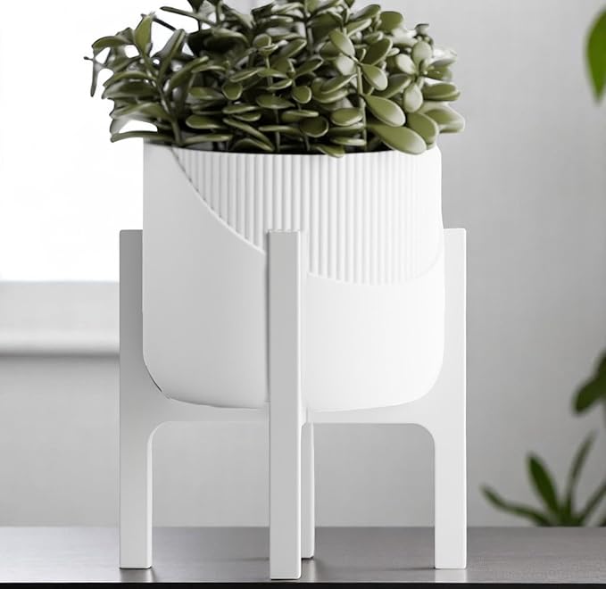 Modern Geometric Planter with Stand – Decorative Indoor Plant Pot with Ridged Top & Smooth Bottom, Stylish Planter for Succulents, Herbs, Small Plants (White - Smooth Body with Ridges and Stand)
