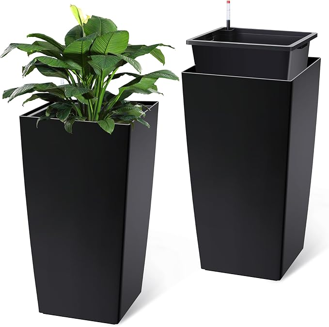 GarveeLife Tall Planters Set of 2 with Water Level Monitor & Drainage Holes Black 30"