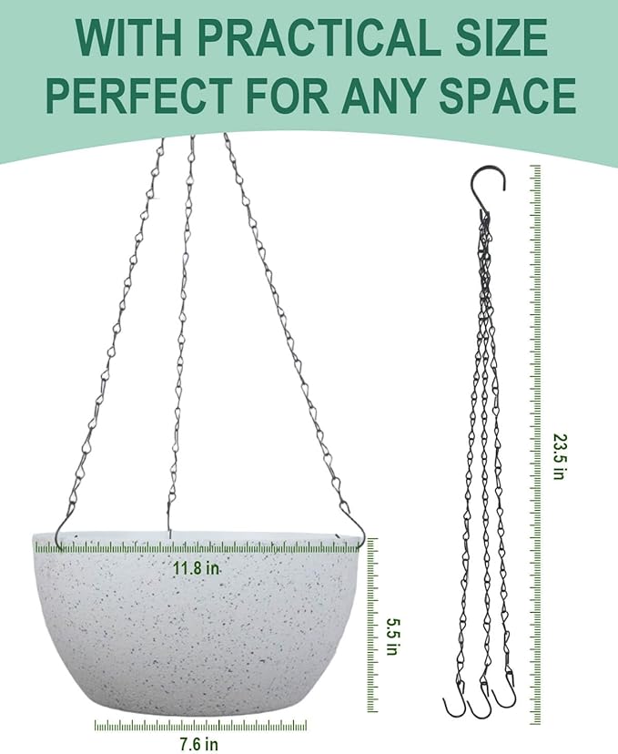 vensovo 12 Inch Large Hanging Planters for Outdoor Plants - 2 Pcs Plastic Hang Planter Flower Pot Baskets with Drainage Holes and Chain, Plant Pots for Home Garden Decor, White with Dot