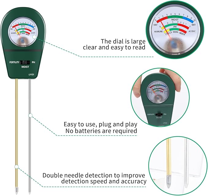 3 in 1 Soil Tester, Soil Fertility Test, Measure pH of Garden, Lawn Care, Potted, Horticultural Soil Moisture Meter Sensor, No Battery (Green)