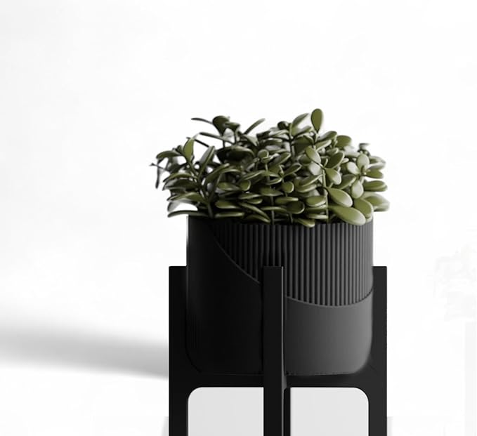 Modern Geometric Planter with Stand – Decorative Indoor Plant Pot with Ridged Top & Smooth Bottom, Stylish Planter for Succulents, Herbs, Small Plants (Black - Smooth Body with Ridges and Stand)