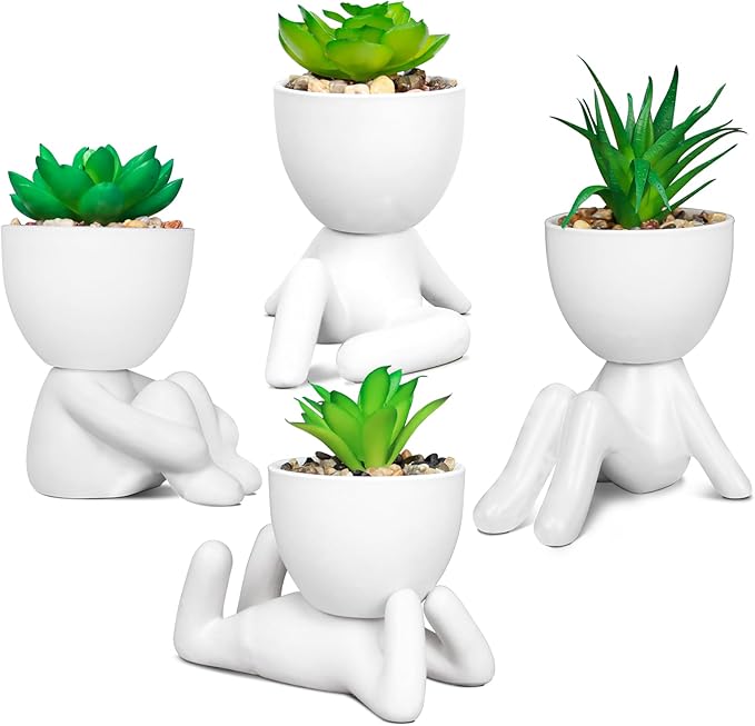 Pack of 4 White Mini Artificial Succulents, Ceramic Humanoid Greenery, Artificial Fake Plants, Bathroom Plants for Bathroom Decoration, Indoor Office, Christmas Decorations