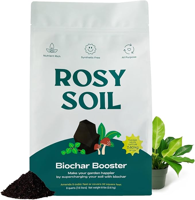 Rosy Soil Biochar Booster - Biochar Soil Amendment for Flowers and Vegetable Gardens - Horticultural Charcoal for Outdoor and Indoor Plants - Biochar Supplement for Potting Soil & Potting Mixes - 8qt