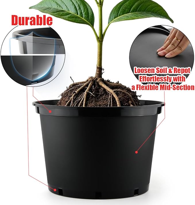 RooTrimmer 10 Gallon Plastic Nursery Pots, 16 Inch Round Plant Pots with Drainage Holes, 5 Pack Large Garden Flower Pots for Outdoor Indoor Plants, Gardening Gifts for Women, Black
