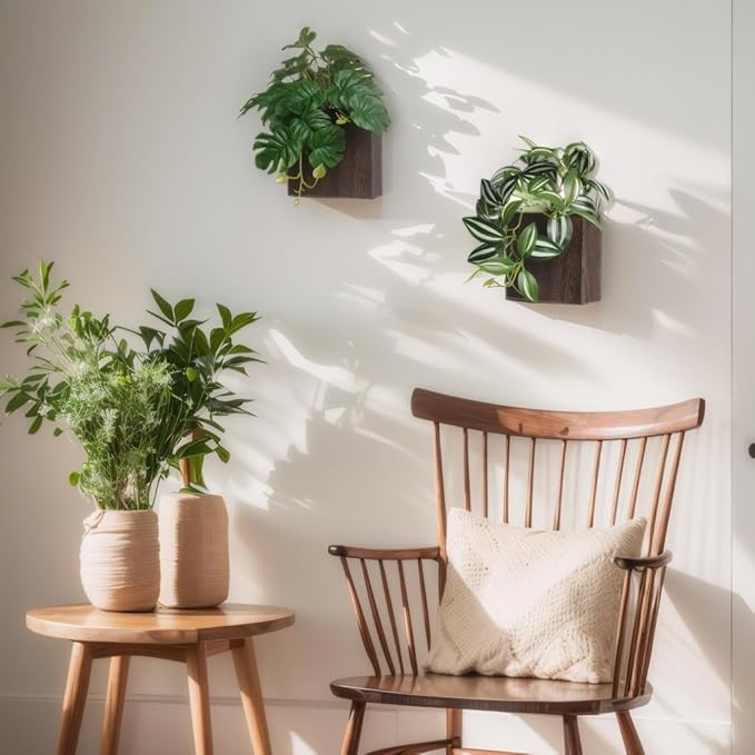 Wood Wall Planter Vase with Artificial Plants Wall Decor, Small Wall Plant Decor Hanging Greenery Fake Monstera Indoor for Living Room Bedroom Bathroom Kitchen Office (Brown)