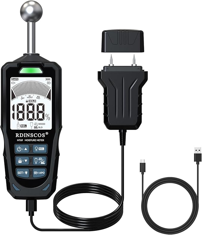 2-in-1 Pin & Pinless Moisture Meter, Digital Moisture Detector for Wood, Drywall & Building Materials, Large LCD Display, 3-Color Indicator, Calibration, Rechargeable Battery
