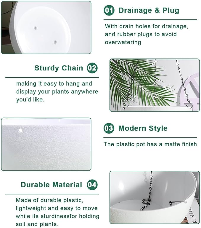 vensovo 12 Inch Large Hanging Planters for Outdoor Plants - 2 Pcs Plastic Hang Planter Flower Pot Baskets with Drainage Holes and Chain, Plant Pots for Home Garden Decor, White