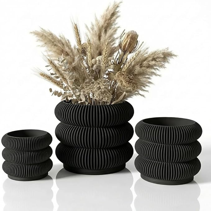 Fabix 4.7/6/8" 3D Printed Plant Pots - Unique Bubble Ring Modern Planters for Indoor Plants, Durableo-Friendly PLA Flower Pots with Drainage for Succulents, Cactus, Home Office Décor. (Black)