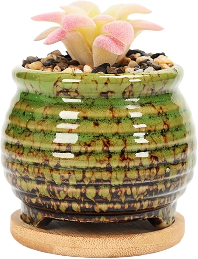 Cute Circular Ceramic Home Garden Decoration Succulent Cactus Flower Pots Container with Bamboo Tray -Plant Not Included (Green, 3.8 Inch)