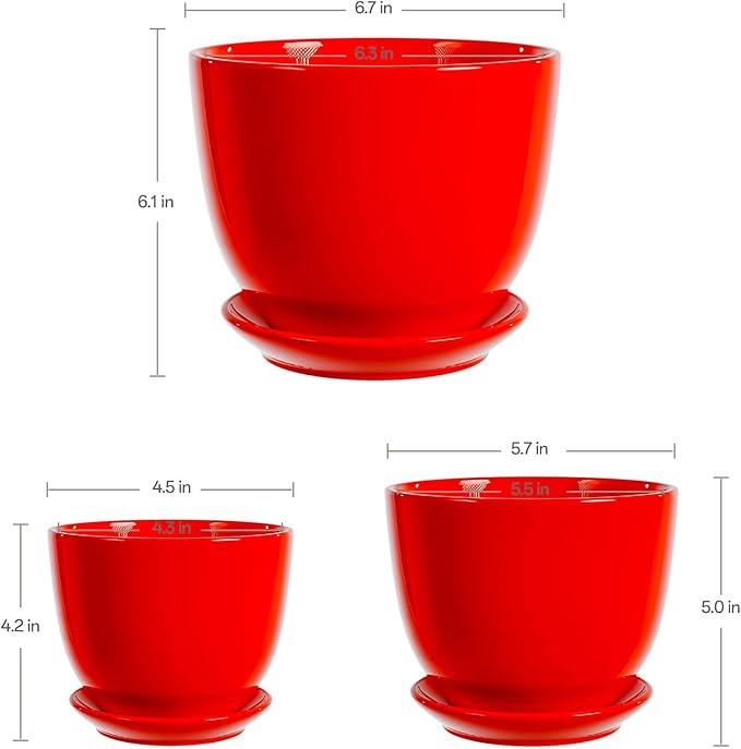 Ceramic Plant Pots - 4"/5"/6" Inch Red Planters Set of 3 with Drainage Holes and Saucer - Indoor Flower Pots for Plants Ceramic Planters for Indoor Gardening Succulent Pots(Red)