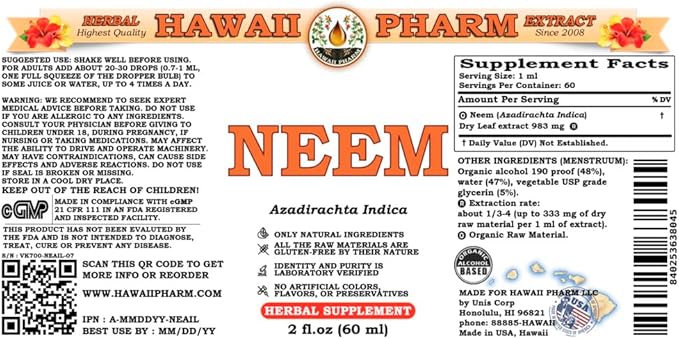Hawaii Pharm Neem (Azadirachta Indica) Liquid Extract, Tincture, Herbal Supplement, Made in USA, 2x2 fl.oz