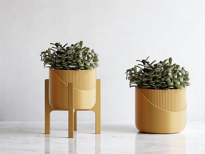 Modern Geometric Planter with Stand – Decorative Indoor Plant Pot with Ridged Top & Smooth Bottom, Stylish Planter for Succulents, Herbs, Small Plants (Gold - Smooth Body with Ridges and Stand)