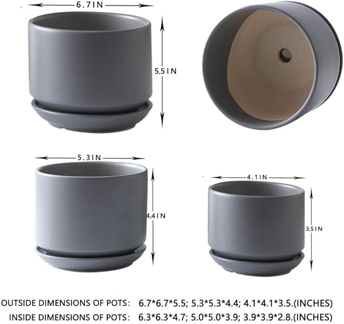 Yishang Succulent Plant Pots,6.7+5.3+4.1 in Glazed Ceramic Planters with Connected Saucers, Round Modern Ceramic Flower pots - Small to Large Sized Plant pots for All House Plants(Matte Grey)