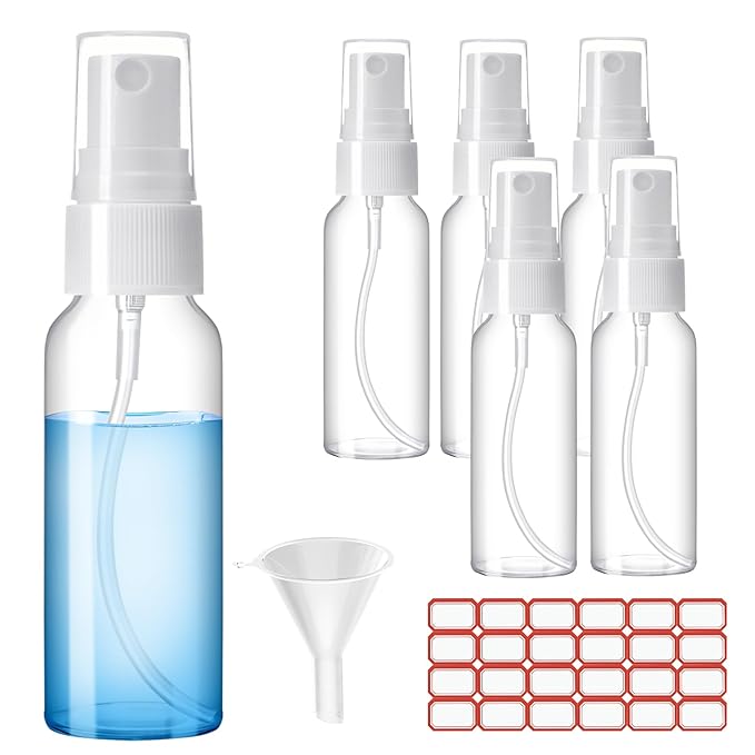 Zoizocp Spray Bottles, 1oz/30ml Clear Empty Fine Mist Plastic Mini Travel Bottle Set, Small Refillable Liquid Containers with 2pcs Funnels and 24pcs Labels (6 Pack)