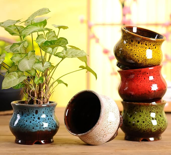 Cute Circular Ceramic Home Garden Decoration Succulent Cactus Flower Pots Container with Bamboo Tray -Plant Not Included (Red, 3.94 Inch)