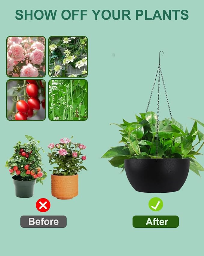 vensovo 12 Inch Large Hanging Planters for Outdoor Plants - 2 Pcs Plastic Hang Planter Flower Pot Baskets with Drainage Holes and Chain, Plant Pots for Home Garden Decor, Black