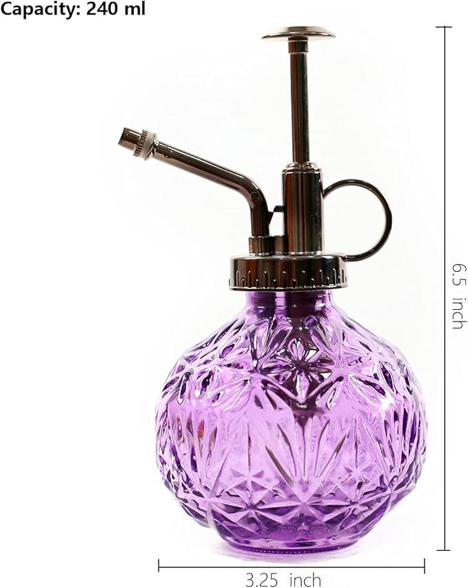 Hniuyun Glass Plant Mister Spray Bottle, 6.5inch Tall Vintage Round Spritzer with Bronze Plastic Top Pump for Watering Your Garden (Purple)