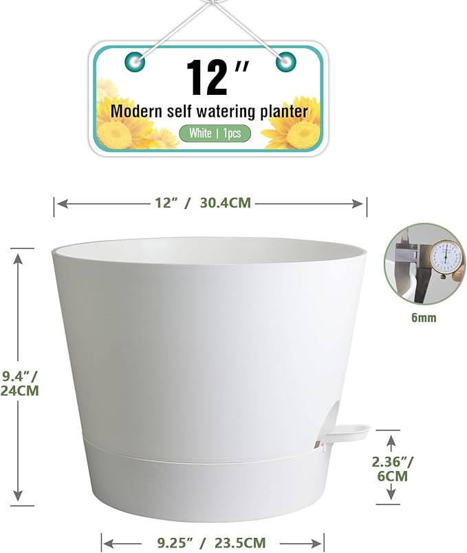Meowell 12 inch Large Self Watering Pots for Indoor Outdoor Plants, Flower Plant Pots with Mesh Drainage Holes for Garden House, Plastic Planters with Reservoir for Home, White