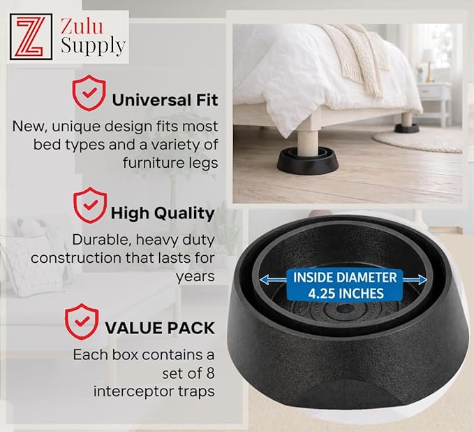 Bed Bug Interceptor Traps – Black 8-Pack Passive Monitor & Detection Trap – Universal Fit for Bed & Furniture Legs – Reusable Non-Climbable Wall Pest Control Protection (Black 8-Pack)