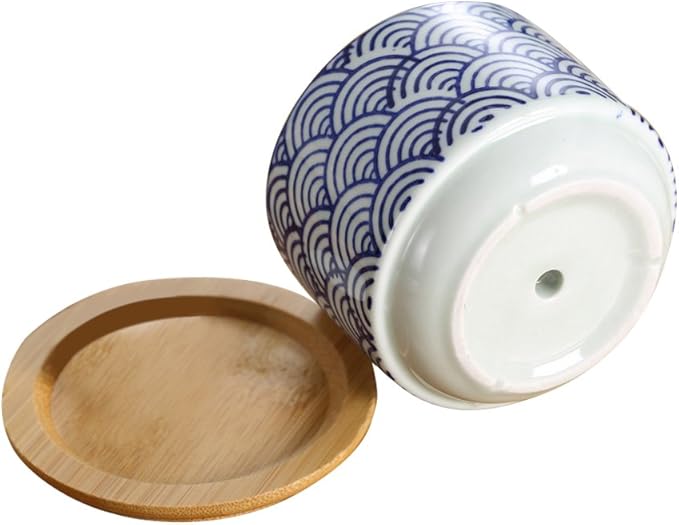 GeLive 3 Inch Ceramic Succulent Planter, Cactus Plant Pot, Flower Container with Bamboo Drip Tray, Indoor Outdoor, Set of 2 (Wave and Blue Flower)