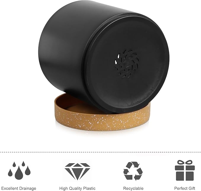 WSMKSZ 5 Pack Cylindrical Flower Pots with 7/6.5/6/5/4 inch, Modern Small Plastic Plant Pots with Drainage Holes & Saucers, Round Planter Pots for Outdoor, Indoor & Office Decor (Black Brown)
