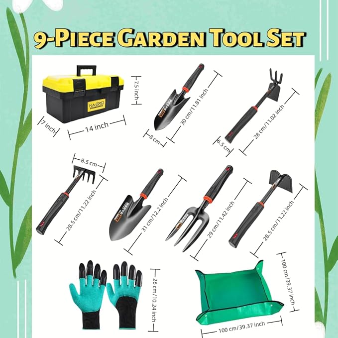 9-Piece Premium Garden Tool Set, Heavy-Duty Rust-Proof Gardening Kit with Ergonomic Handles, Waterproof Repotting Mat & Storage Case, Perfect Gardening Gifts for Women, Men and Plant Lovers