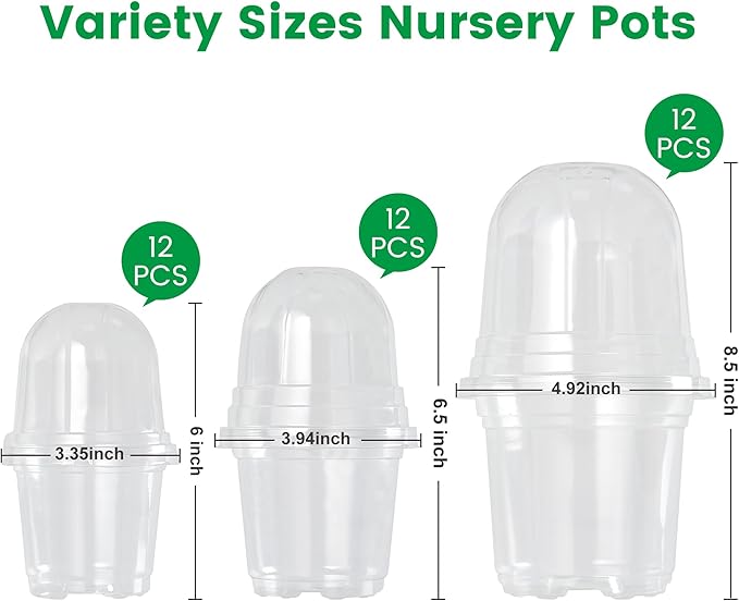 Bluepro 36 Packs 5/4/3.5 Inch Clear Nursery Pots with Humidity Domes, Transparent Plant Pots with Drainage Holes, Variety Pack Seedling Pots for Vegetable Propagation, Root Cutting, Seed Starting