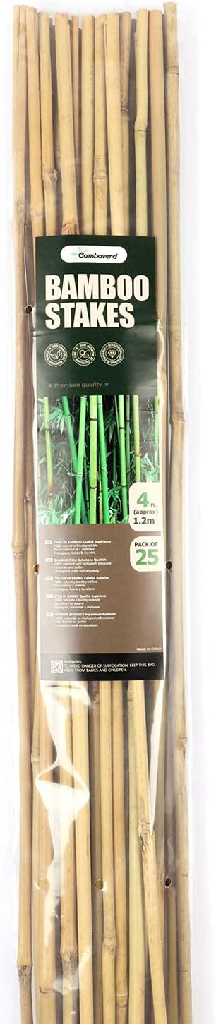 Cambaverd Bamboo Stakes 4ft Natural Plant Stakes for Tomatoes, Beans, Climbing Plants Support - 25 Pack Bamboo Sticks for Plants