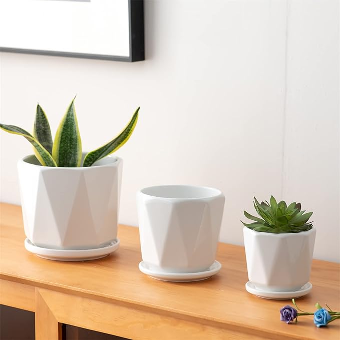 Octagon Ceramic Plant Pots - Indoor White Flower Planter Set with Drainage Holes, 6.5+5.5+4.5 Inch, Modern Decorative Planter Pots for Indoor Plants, Home Decor, Ideal Gifts for Women, Set of 3