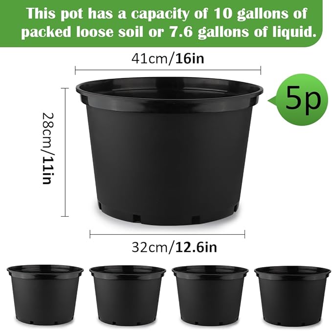 RooTrimmer 10 Gallon Plastic Nursery Pots, 16 Inch Round Plant Pots with Drainage Holes, 5 Pack Large Garden Flower Pots for Outdoor Indoor Plants, Gardening Gifts for Women, Black