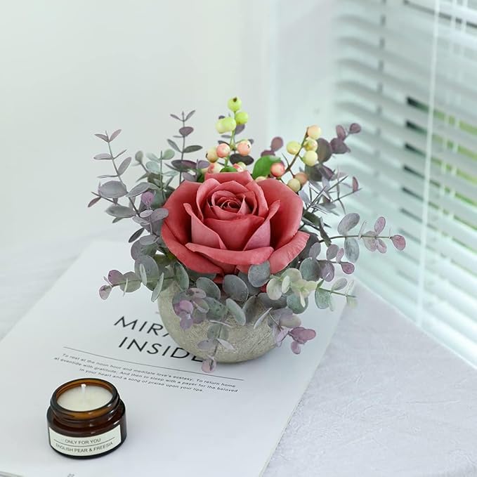 Small Artificial 2pcs Pink Rose Potted Plant, 6" Fake Silk Flowers in 3.5" Round Pot, Mini Faux Floral Arrangement for Desk Shelf Bathroom Decor