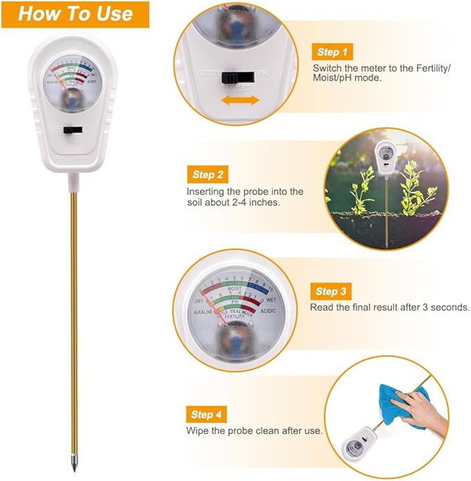 Soil Test Kit 3-in-1, Soil Moisture Meter, Soil PH Meter, Fertility Soil Tester, Soil Tester for Garden, Lawn, Farm, Outdoor & Indoor Use (Cotton Candy White)