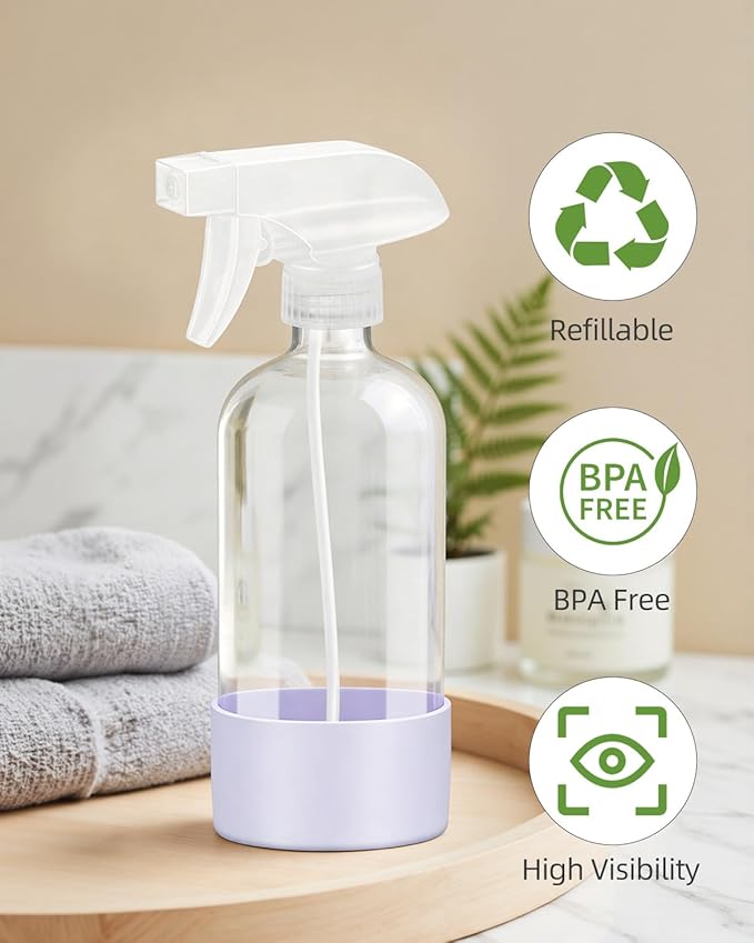 4 Pack Glass Spray Bottles 8 oz, Empty Refillable Containers with Silicone Sleeve Protection, Glass Spray Bottles for Cleaning Solutions, Hair and Plants with Adjustable Nozzles Blue+White+Purple+Grey