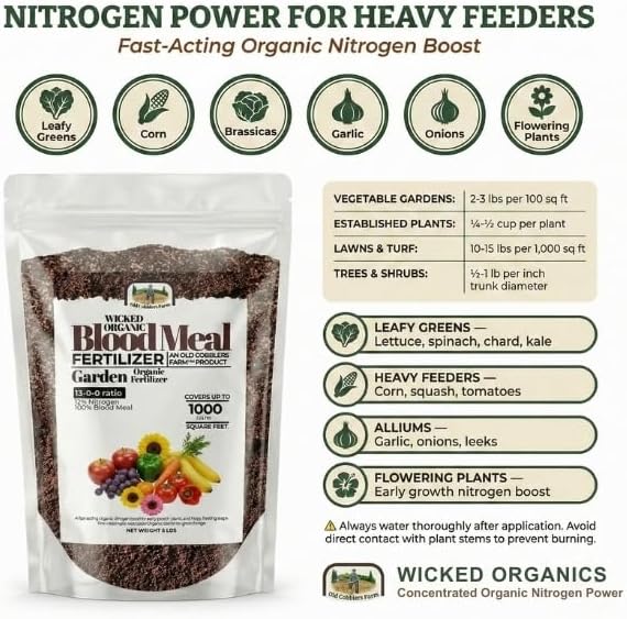 Old Cobblers Farm™ Wicked Organics Blood Meal – High-Nitrogen Soil Booster for Lush Lawn & Vigorous Garden Growth | Promotes Greener Foliage & Strong Roots | (5 lbs | 10 lbs | 15 lbs | 20 lbs) (5lbs)