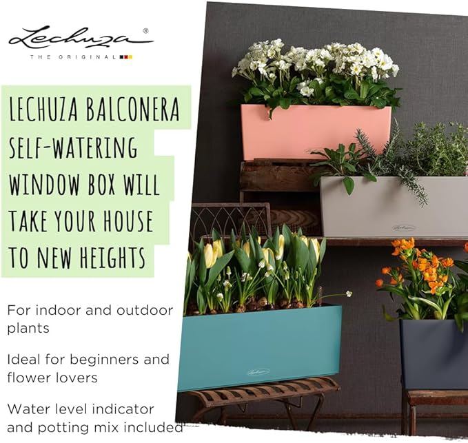Lechuza BALCONERA Color 50 Petrol Blue, Self-Watering Window Box (Railing Planter), H7.5 L19.7 W7.5 in