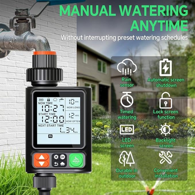 Sprinkler Timer for Garden Hose, Upgrade 10 Program Water Timer with Auto Rain Delay, IP54 Waterproof 3.3“ Large LCD Drip Irrigation System Timers for Plant, Yard, Lawns, Outdoor