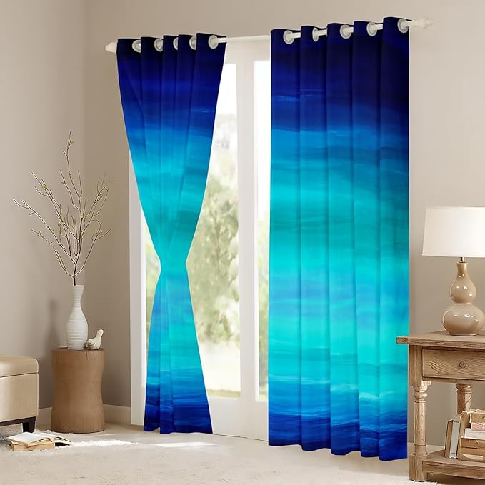 Feelyou Navy Blue Ocean Curtains Bedroom Living Room Abstract Turquoise Teal Ombre Blackout Curtain Boys Tropical Beach Darkening Drapes Window Treatments (2 Panels, 38 x 45 Inch)